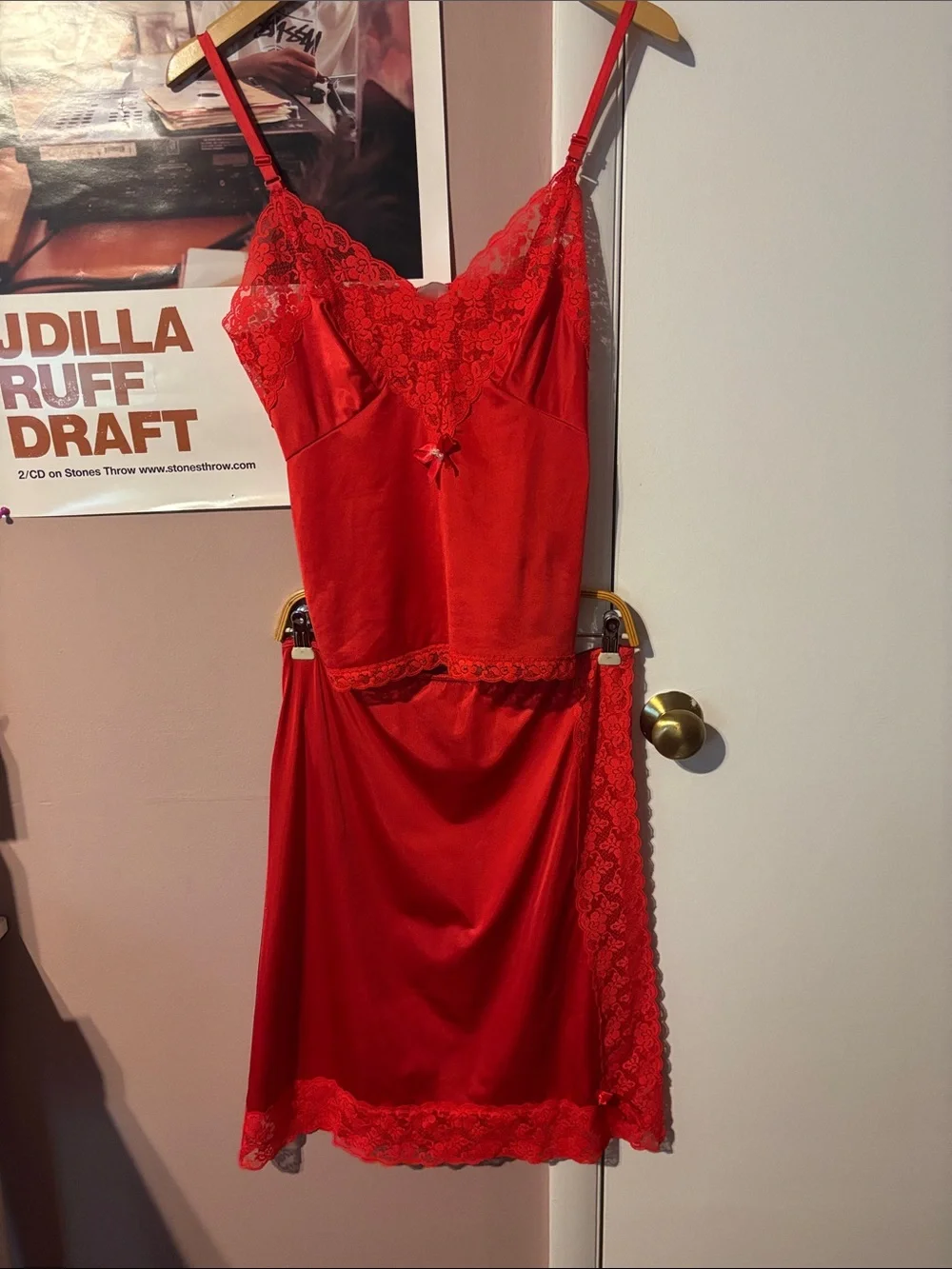 True Vintage 70’s Red Satin Lace Camisole Skirt Slip Set Matching Coordinating S